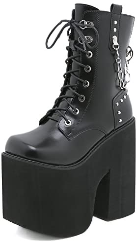 SchdosY Damen Nieten Stiefeletten Plateau Chunky Heel Lace Up Zip Combat Boot Army Military Boots Biker Western Fashion Boot Unisex Lederschuhe,Schwarz,36
