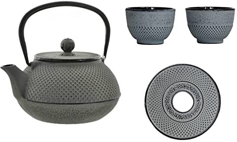 meindekoartikel Tea-Set Japanische Teekanne 0,8l mit 2 Becher und Untersetzer aus Gusseisen - Authentischer Genuss in Perfektion (Grau)