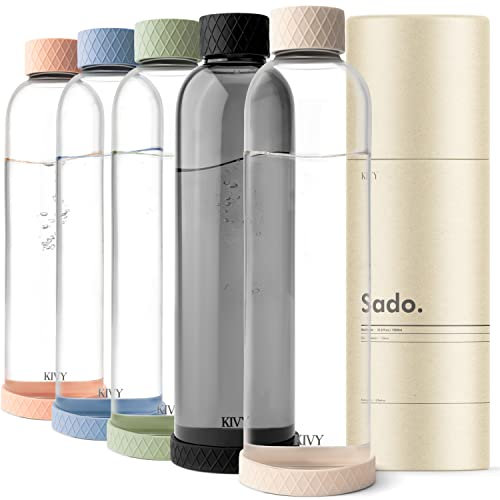 KIVY Borraccia vetro 1 litro - Bottiglia vetro 1 litro - Borraccia 1 litro - Bottiglia acqua vetro - Bottiglia 1l - Borraccia 1l - Borraccia in vetro - Borraccia trasparente 1 litro - Bottiglie 1l