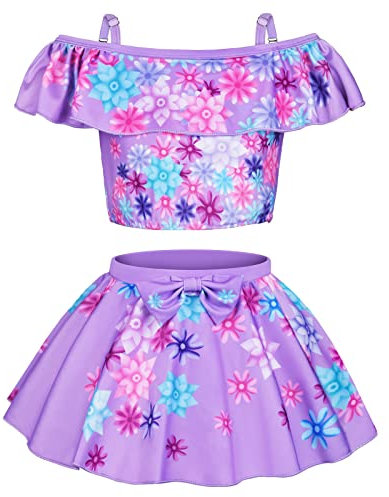 URAQT Mirabel Costume Isabela Swimsuit, Kids Cartoon Bikini Swimwear, Mirabel Isabela Princess Bathing Suit, Off The Shoulder Ruffle Swimming Costume for Girls Pool Beach Holiday Water Sports Surfing