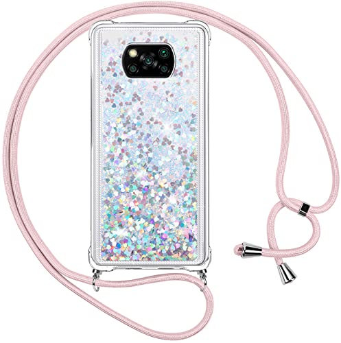 Vauki Funda para Xiaomi Poco X3 NFC/X3/X3 Pro con Cuerda,Transparente Silicona Glitter Liquida Colgar Colgante Cristal Suave Carcasa,Brillante Arena Movediza con Cordón Case para Xiaomi Poco X3