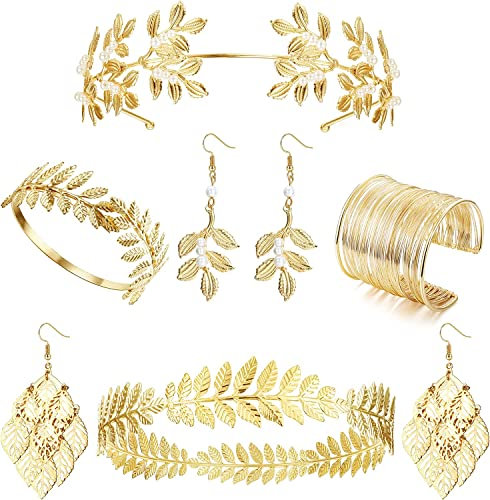 LOLIAS 6 Teiliges Griechisches Göttinnen Zubehör Set Goldenes Lorbeerblatt Krone Stirnband Oberarmmanschette Spulenarmband Perlenblatt Ohrring Braut Hochzeit Kopfschmuck Kostümschmuck