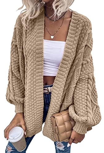 Dyexces Womens Oversized Cable Knit Long Sleeve Lantern Cardigan Sweaters Khaki