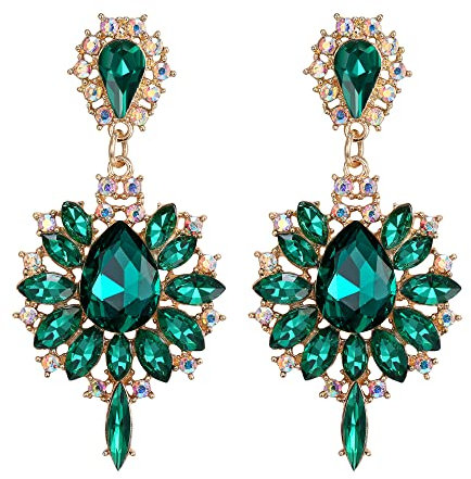EVER FAITH Pendientes Mujer Cristal Austriaco Marquesa Flor de Lágrima Declaración de Araña Verde Tono Dorado