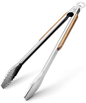 Pince à barbecue en bois, 50 cm, ultra longue, en acier inoxydable de qualité supérieure avec poignées en bois massif, pour griller, barbecue, cuisine
