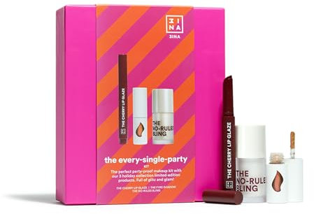 3INA MAKEUP - The Every-Single-Party - Make-Up Kit - The Cherry Lip Glaze + The Fyre Shadow + The No-Rules Bling Highlighter - Lippenstift + Lidschatten + Highlighter - Vegan - Cruelty Free