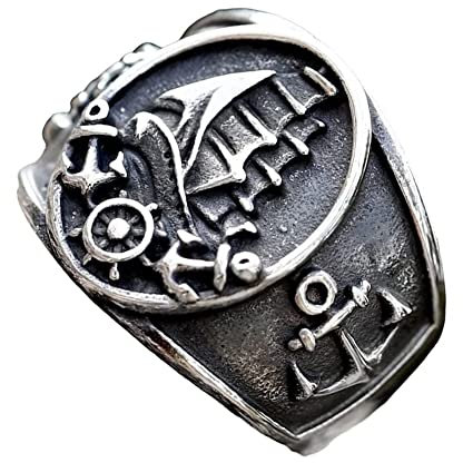 TQWSVUM Wikingerschiff Anker Ring Für Herren - Nordic Vintage Piraten Segelboot Edelstahlring - Handgefertigter Kompass Siegelring Gothic Punk Biker Halloween Schmuck(07)