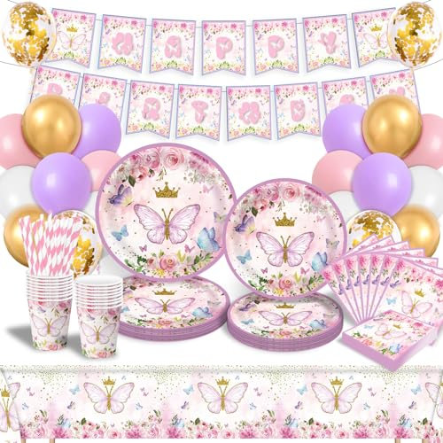 DUGEHO Pink Butterfly Party Tableware Set for 16 Guests - Balloons, Plates, Cups, Napkins, Straws, Tablecloth for Birthday, Baby Shower, Wedding