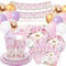 DUGEHO Pink Butterfly Party Tableware Set for 16 Guests - Balloons, Plates, Cups, Napkins, Straws, Tablecloth for Birthday, Baby Shower, Wedding