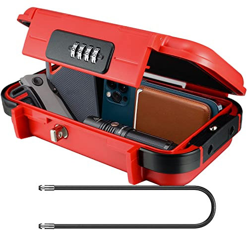 V·RESOURCING Portable Security Lock Box with 4 Digit Code, Outdoor Key Safe Removable Wire Rope, Waterproof Shockproof Combination for Home, Office, Hotel, Travel, Water Sports etc, Red