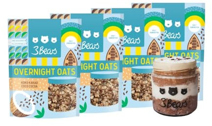 3Bears Overnight Oats - Koko Kakao, 4x400g vegane Porridgemischung mit Vollkorn-Haferflocken, Kokos und Kakao, vegan, ohne Zusatzstoffe & Industriezucker, nach eigener Rezeptur