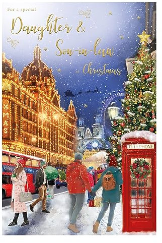 International Cards and Gifts Weihnachtskarte für Tochter und Schwiegersohn – verschneite Londoner Stadt-Szene mit geprägter Folie und Glitzerdetails