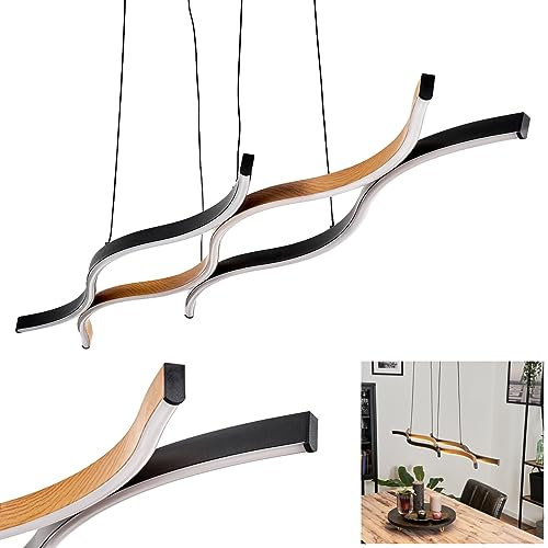 LED Pendelleuchte Fuliola, moderne Hängelampe aus Metall/Kunststoff in Schwarz/Holzoptik/Weiß, Leuchte im geschwungenen Design, Höhe max. 120 cm, Länge 108 cm, LED 35 Watt, 3570 Lumen, 3000 Kelvin