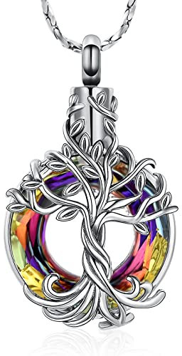 QGJNSGC Cremation Jewelry Tree of Life Urn Necklace for Ashes Circle of Life Memorial Locket Crystal Ash Pendant for Women Girls Keepsake Jewelry