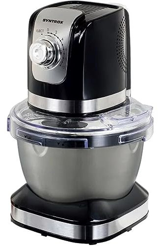 Syntrox Küchenmaschine & Knetmaschine Schwarz Vindas mit Edelstahl-Behälter, Multifunktionale Knetmaschine, Hochleistungs-Küchenmaschine, 600 Watt, 240 Volt