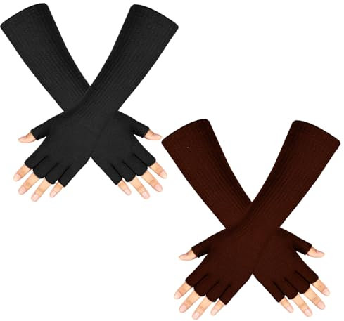 Geyoga 2 Paar Winter Fingerlose Handschuhe Lange Thermo Gestrickte Fäustlinge Dehnbare Armstulpen Halbfinger Handschuhe für Männer Frauen, 27,9 cm, Schwarz, Braun, Einheitsgröße