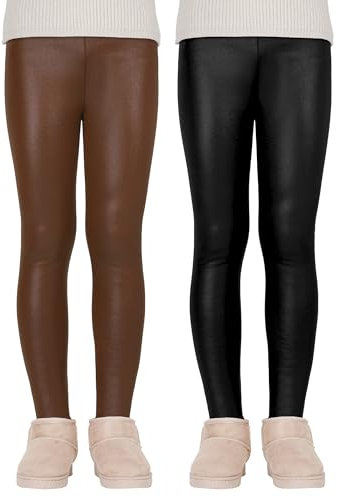KEREDA Mädchen Leggings Thermo Gefüttert Thermoleggings Winter Warme Kunstleder 2er-Pack,Schwarz/Braun,116-122