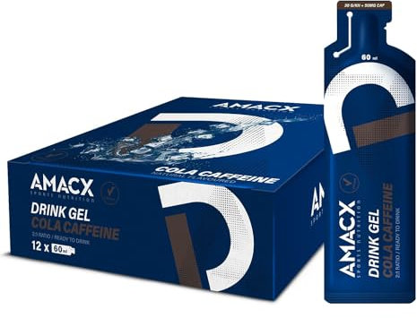 AMACX Energy Gel – Gel Energetique Velo et Course a Pied – Paquet de 12 – Gel sportif avec maltodextrine et Electrolyte – 30g de Glucides et de la Caféine – 200mg de Sodium – Cola/Caféine