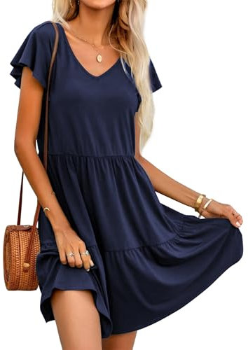 HOTOUCH Womens Dresses Summer Casual Short Sleeve V Neck Dress for Women Ladies Ruffle Tiered Dress with Pockets Dark Blue S