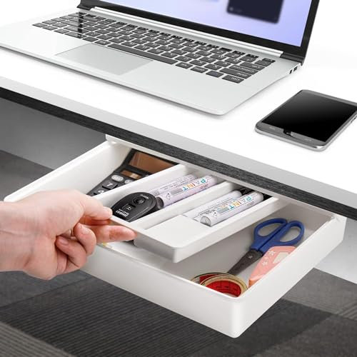 HEKOBAG Under Desk Drawers, Hidden Large Capacity Desk Organizer Box with 2 Compartments Self-Adhesive Under Desk Storage Drawers Slide-Out Under Table Storage Save Space for Office Home School