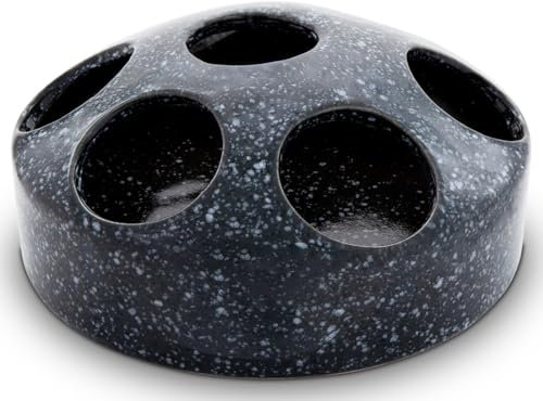 KERAZO 1,5 Liter Keramik Geflügeltränke mit 7 Öffnungen Hühnertränke Ententränke Futterschale Wasserschale Futterstation Wasserstation, 22x10 cm (grau-Granit, 1,5L)
