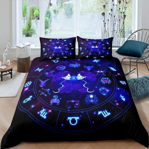 Sxakswol Bettwäsche 135x200 Zwillinge Bettwäsche-Sets Zwölf Sternzeichen Bettbezug 3D Druck Weiche Mikrofaser 3 Teilig Bettbezüge mit Reißverschluss und 2 Kissenbezug 80x80cm v7603