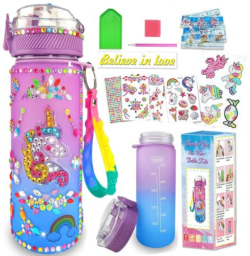 Afufu DIY Trinkflasche Mädchen Pink für ab 5 Jahre, Spielzeug Mädchen 6 7 8 9 Jahre, Einschulung Geburtstag Geschenke Activity Spiel für Mädchen, Einhorn Trinkflasche Basteln Wasserflaschen Bastelset
