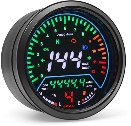 Tachometer für Motorrad, digital, Tacho für Motorrad, 12000 U/min, KM/H MPH, Universal für 1,2,6 Zylinder, mit multifunktionaler Kontrollleuchte, 12 V