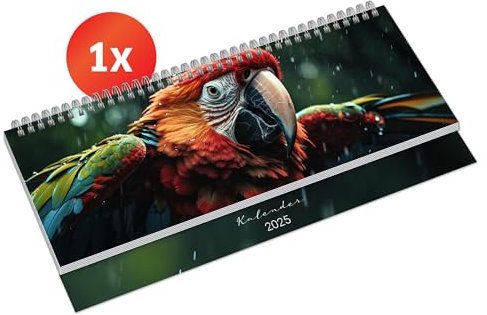 PRIMUS PRINT Tischkalender 2025 Quer Wochenkalender – Terminkalender und Jahreskalender – 297x130mm, 75g Naturpapier, 64 Seiten, Drahtkammbindung, Feiertage und Schulferien - [Einzeln - Papagei]