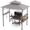 HOMASIS Gazebo per Barbecue con Cestino in Ferro, Pergolato da Giardino con Doppio Tetto, 2 Tavoli e Ganci, Pergola Addossata per Esterno, Gazebo per Griglia/BBQ (Grigio, 242 x 153 x 250 cm)