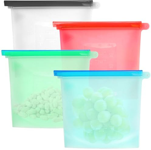 4 Stück Gefrierbeutel Wiederverwendbar, 1L Silikon Gefrierbeutel mit Verschluss-Clip, Hitzebeständig Silikonbeutel Aufbewahrungsbeutel Lebensmittel für Obst Gemüse Milch Snacks Fleisch (23 X 17,5 cm)