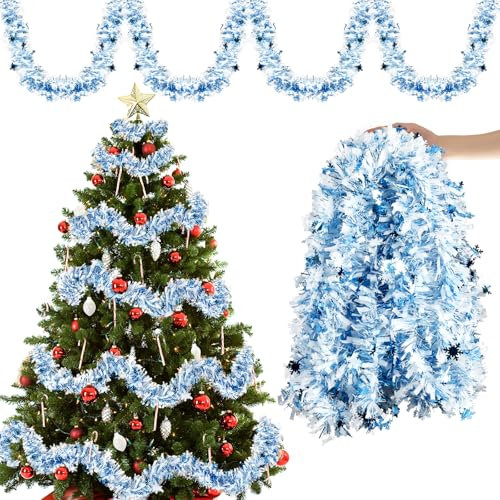 Aitsite 10M/Pack of 5 Lametta Weihnachtsbaum, Lametta Weiß und Blau Schneeflocke Weihnachtsdeko Weihnachtsbaum Girlande Weihnachten deko Party Weihnachtsfeier Weihnachtsdekoration Hängende