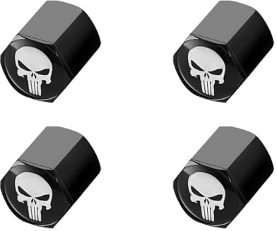 JNNJ 4 Stücke Totenkopf-Reifenventilkappen Für Auto, Autoventilkappen Personalisiert Großer Sechseckiger Tropfenteller Totenkopf Logo Autoteile, Auto-Ventilkappen Personalisiert Großer Hex(Schwarz)