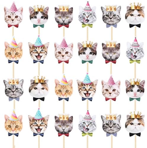 24Pcs Cat Cupcake Toppers Birthday, Cat Cake Decorations, Single Sided Kitten Face Cupcake Topper Picks, Cat Cupcake Toppers Decor for Baby Shower Supplies Birthday Party Favors (8 Style)