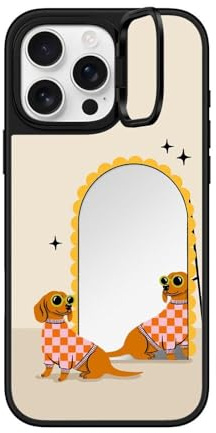 CASETiFY Funda con soporte de anillo de espejo para iPhone 16 Pro Max (función atril/1.5 m, 1 protección contra caídas de grado militar/compatible con Magsafe), espejo de perro salchicha a cuadros