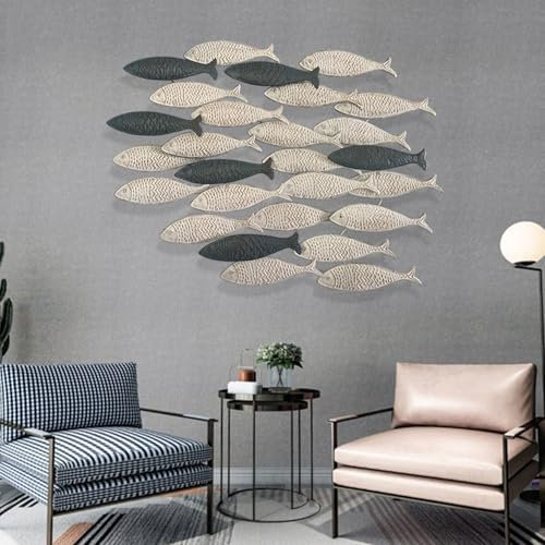 aweiyouxiang Wanddekoration „Fischschwarm, 3D-Fischdekoration aus Metall, eine große Wandskulptur aus 27 Fischen, Vintage-Ornamente, Fisch-Wandskulptur mit Küstenmotiv für das Badezimmer zu Hause