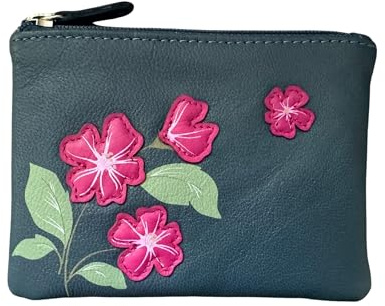 Mala Leather Sakura RFID Card & Coin Purse – Genuine Leather Floral Appliqué Zip Pouch (Navy)