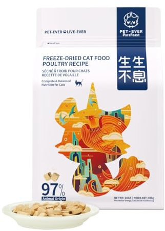 PET-EVER PureFeast gefriergetrocknetes Katzenfutter, 97% tierischen Ursprungs, weiches trockenes rohes Katzenfutter, Katzenleckerli und Toppings (400g, Geflügel)