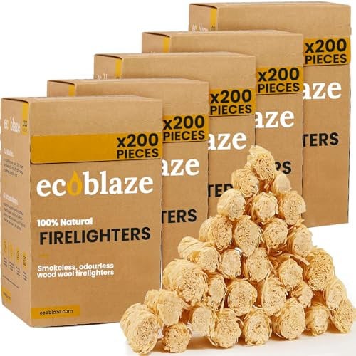 1000 Ecoblaze Natural Firelighters | 5 x 200 Box | Long Burning, Fast Lighting, Odourless wood Wool Starters | Kindling Wood, BBQ Lighter Kit, Firestarter for Pizza Ovens, Log & Wood Burners, Fire Pit