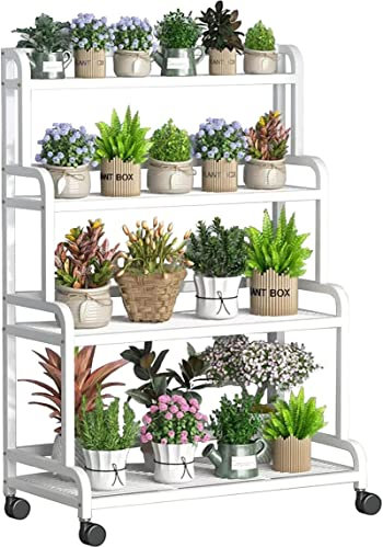 Hoher Pflanzenständer, Blumenständer aus weißem Metall, Leiterregale für Pflanzgefäße mit Rädern und Bremsen, Blumentopf-Ausstellungsregal für drinnen und draußen | Pflanzenaufbewahrungs-Organizer