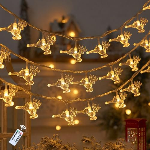 Elch Lichterkette Weihnachten, 6M 40 LED Lichterkette Batterie, IP65 Wasserdicht Rentier Weihnachtsbeleuchtung mit 2 Beleuchtungsmodi für Weihnachtsdeko Innen & Aussen, Kinderzimmer, Schlafzimmer (C)