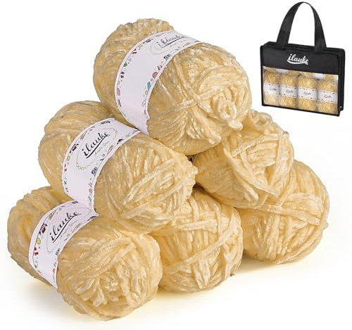 ilauke 6 x 50 g Chenille Garn, Samt Wolle zum Häkeln und Stricken mit Nadeln mit Häkelzubehör und Handtasche, Häkelwolle für Kleidung, Decken, Taschen, DIY, Babywolle zum Stricken Weich Milchgelb