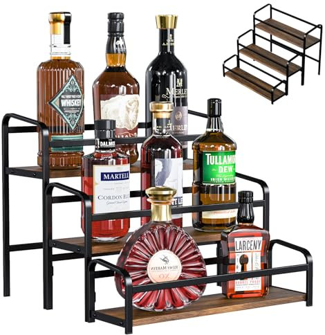 Bwesdero 3-Tier Magnetic Liquor Bottle Display Shelf - Space-Saving Countertop Organizer for Coffee Syrup, Wine, Spices | Durable Retro Bar Cabinet for Kitchen, Mini Bar & Home Décor