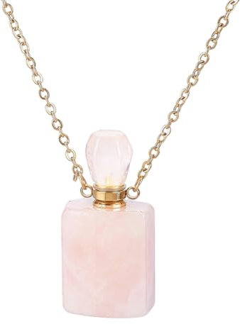 PH PandaHall Collana con Diffusore di Oli Essenziali di Pietra Collana con Bottiglia di Profumo In Quarzo Rosa Naturale Ciondolo Rettangolare In Cristallo con Catena Dorata per Gioielli Donna, Roso