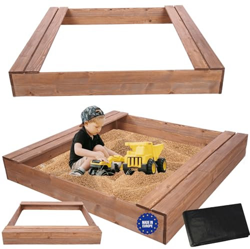 MODO24 Sandkasten mit Sitzbänken, Holzsandkasten, Gartenspielzeug für Kinder, Sandkasten für Garten, Outdoor Sandkasten mit Bänken, Abmessungen 140x137 cm, Farbe: Braun (imprägniert)