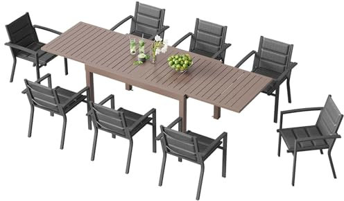 TRIUMPHKEY 8 Personen Gartenmöbel-Set aus Aluminium, inkl 1ausziehbarer Tisch (130-260 cm) & 8 stapelbare Stühle Balkon und Terrassen Lounge Set,Braun
