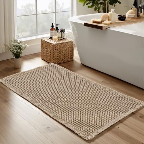 KGORGE Waffel-Badezimmerteppich für die Dusche, ultraweich, super saugfähig, waschbar, schnell trocknend, Gummi-Rückseite, Bauernhaus-Badezimmer-Dekor für Boden, WC, Schlafzimmer, Braun, 61 x 119,4 cm