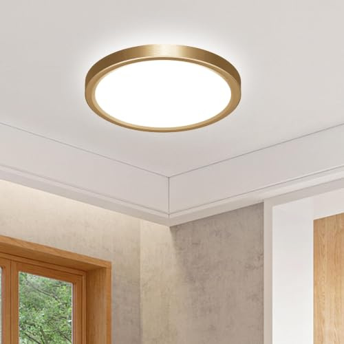 slochi LED Deckenleuchte, 3 Farben Deckenlampe 3000K/4000K/6500K, Rund Flach Badezimmer Lampe Wasserfest, 16CM 12W Gold Klein Badlampe Decke für Küche Flur Keller Bad Schlafzimmer