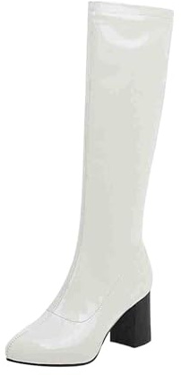 cfpqv Stivali da donna con tacco ampio con tacco laccato, tacco grosso temperamatite stivali impermeabili invernali tinta unita stivali larghi classici, bianco, 42 EU