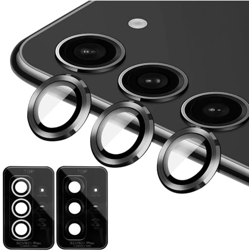 6 Pièces Protection Objectif Caméra Compatible avec Samsung Galaxy S23/S23 Plus, Caméra Arrière Protecteur avec Anneau Métal Individuel, Protection Lentille HDClair Verre Trempé 9H, Noir Argent 2Sets
